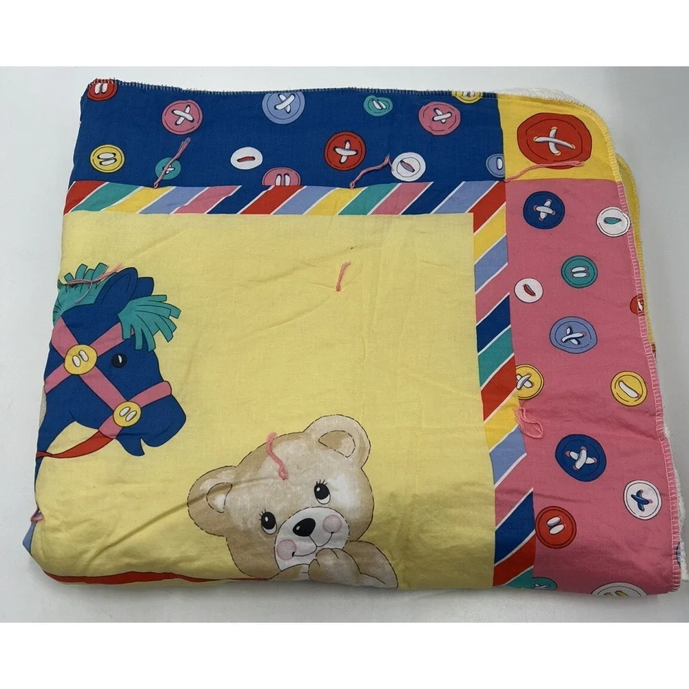 Vintage Baby Blanket Quilt Rocking Horse Teddy Bear Button Yellow Blue